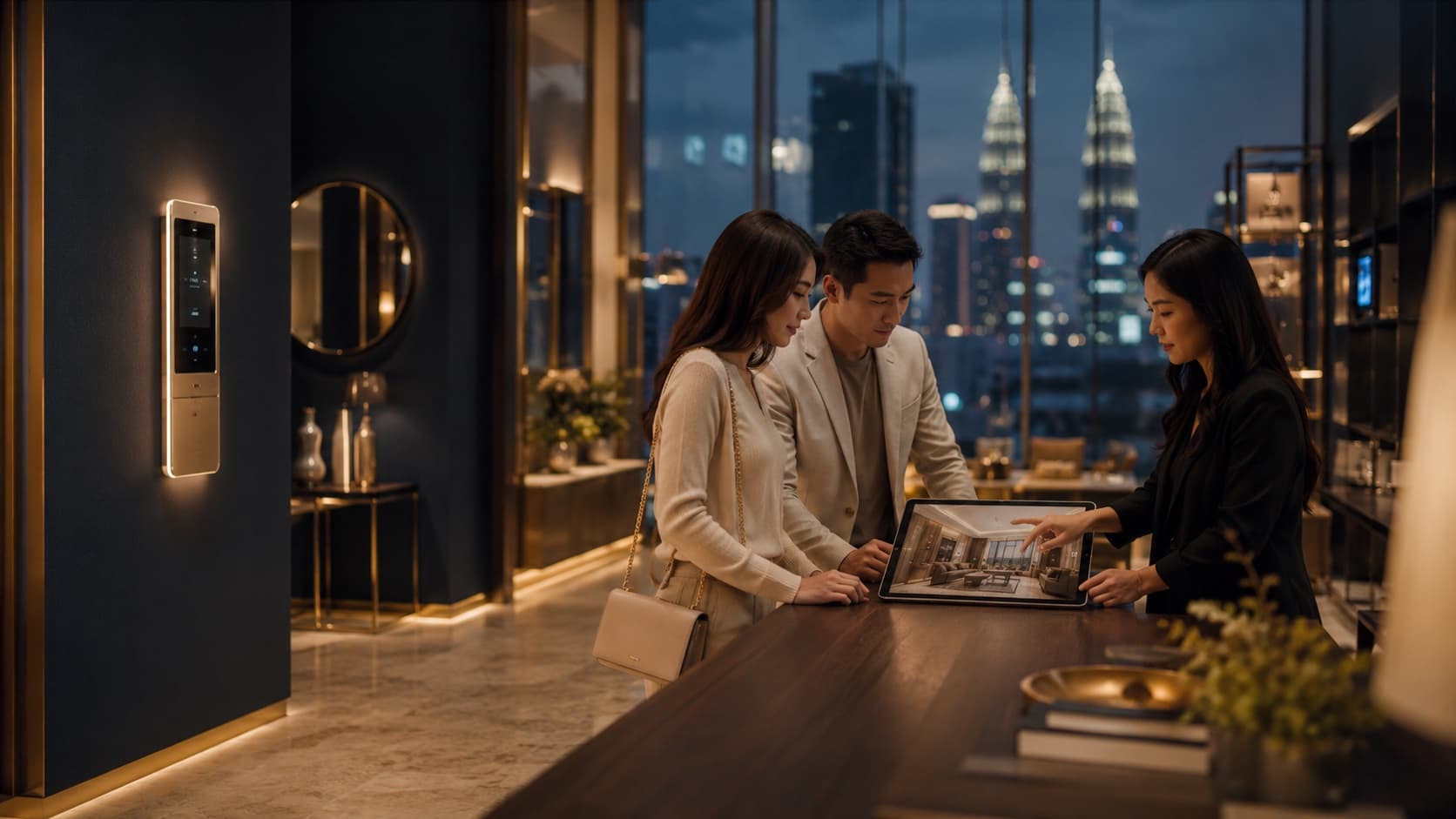 IDZ Studio in a showroom — kiosk check-in, tablet catalogue, and an AI room render on screen