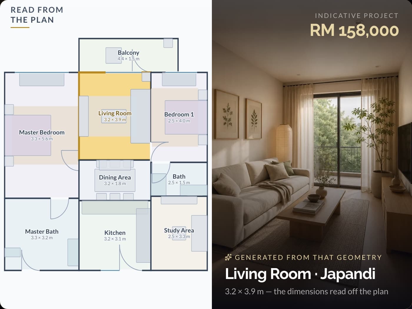 A wireframe floor plan resolving into a fully furnished photoreal room