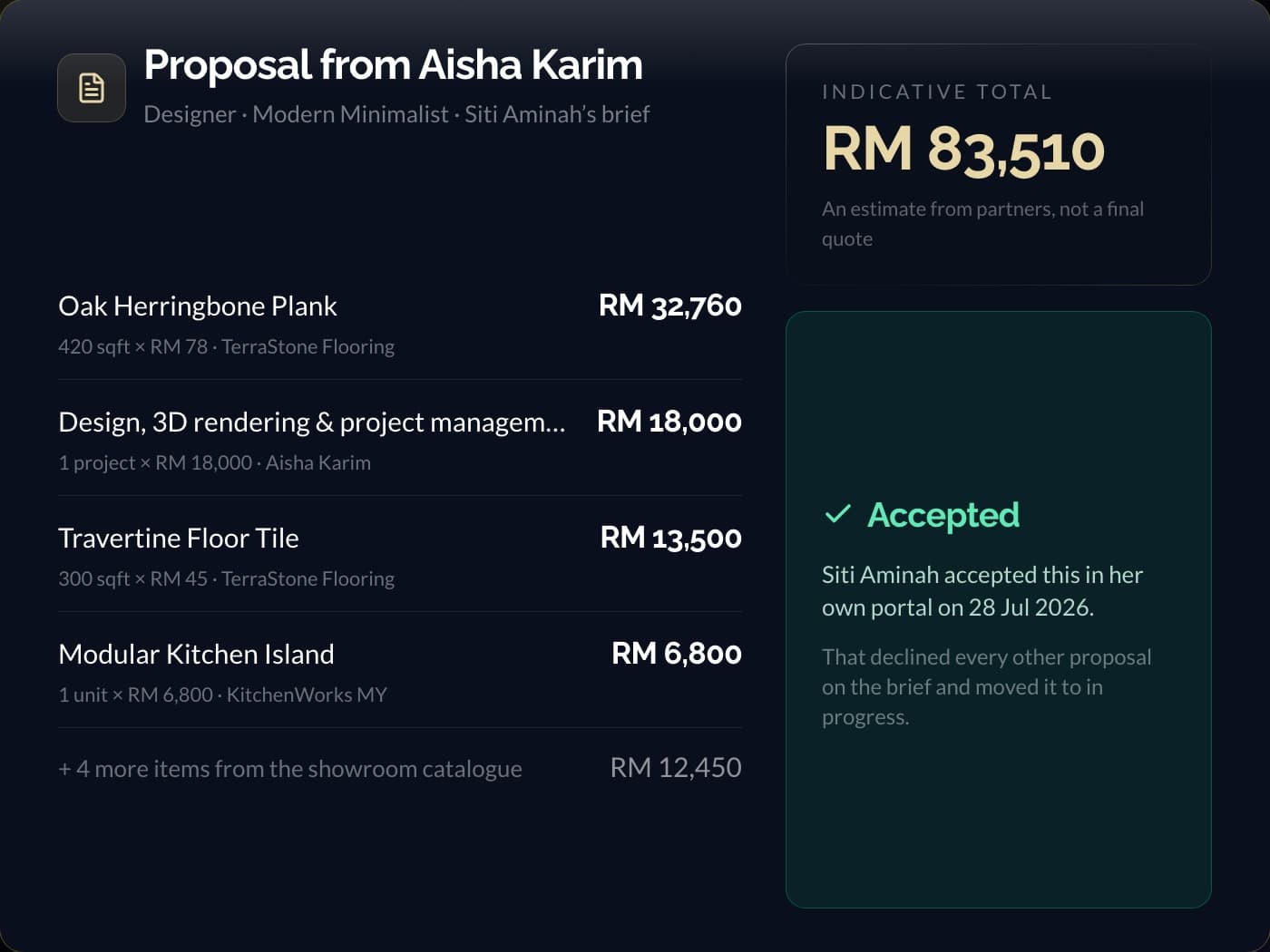 A designer refining a generated concept against live supplier pricing before sending a proposal