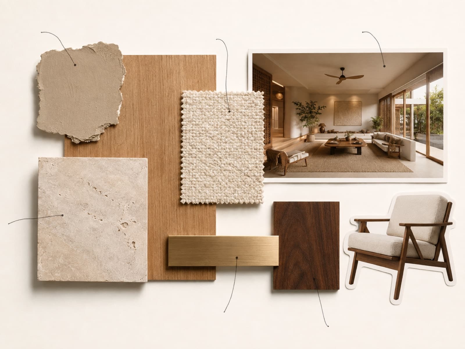 An interior designer's material board — labelled finishes, furniture and palette assembled into one scheme